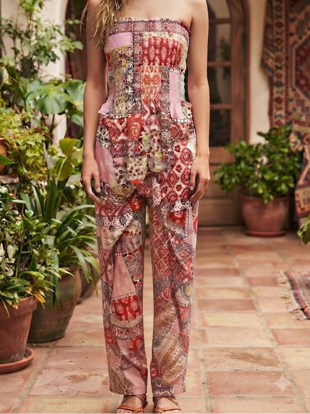 NWT Pink Multi Strapless Patchwork 2 Piece Outfit with Pockets in the Pants